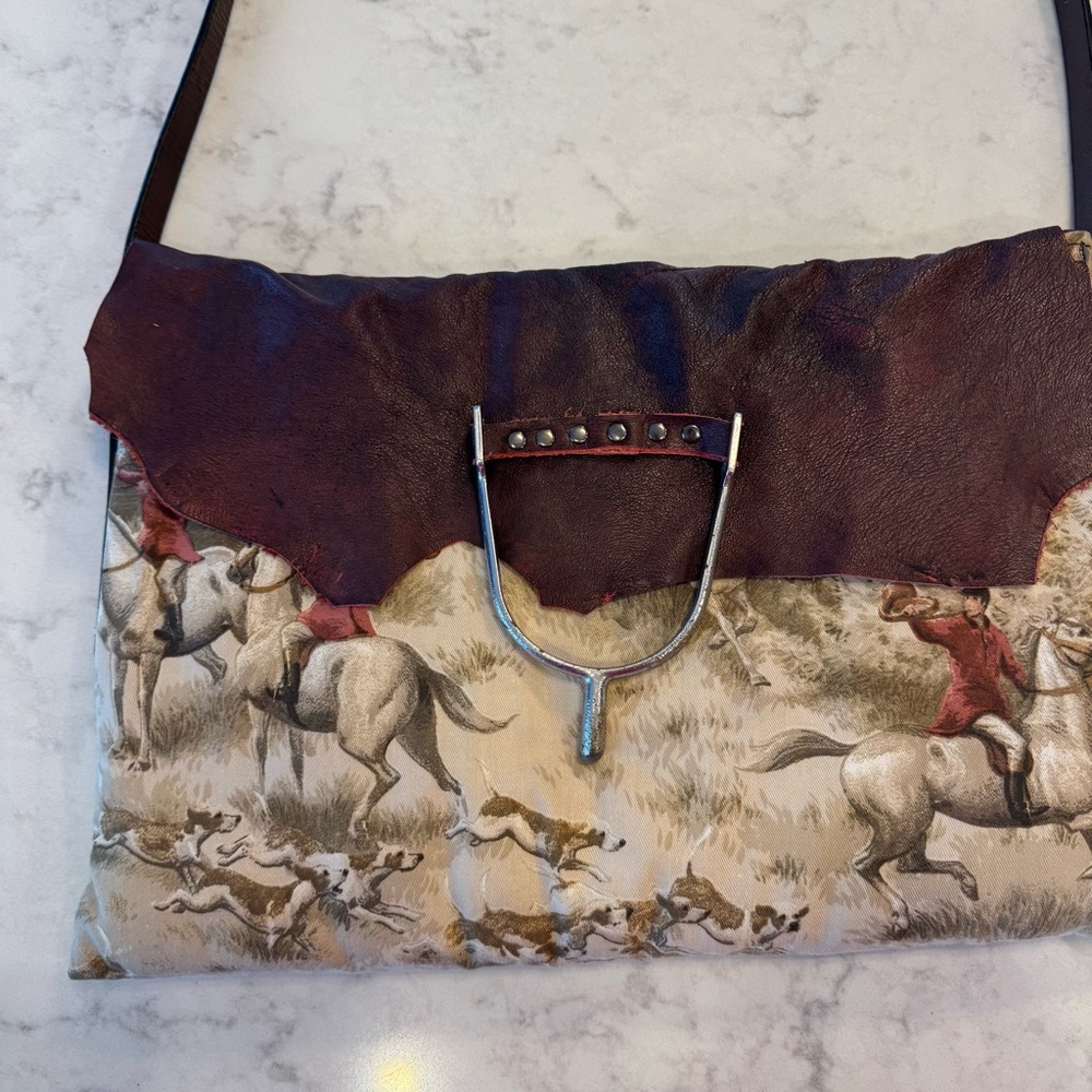 Handmade Western Equestrian Crossbody Bag – Leather & Hunt Scene Fabric